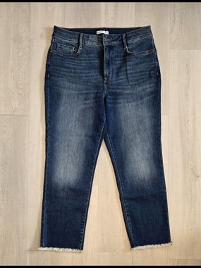 Nine West Dark Blue Straight Cropped Frayed-Hem Jeans